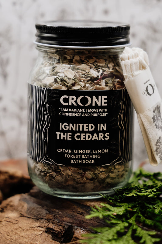 Ignited in the cedars forest bathing bath or foot tub bath soak. CRONE forest bathing bath soaks supports the digestive and circulatory systems, and cardiovascular health.  Ingredients: epsom salts, oats, Cedar, ginger, lemon, hibiscus, frankincense. 