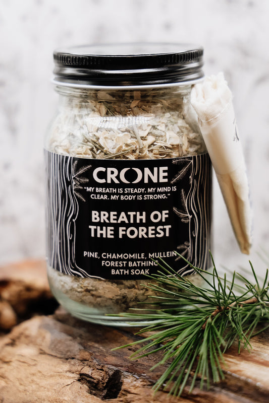 Name BREATH OF THE FOREST, In a glass jar, with a metal lid and a cotton reusable bag. What the product inside is forest bathing bath or foot tub bath soak hydrotherapy. Supports respiratory system, nervous system and whole-body relaxation.  CRONE forest bathing bath soak ingredients: epsom salts, oats, Pinyon Pine, Chamomile, Mullein.